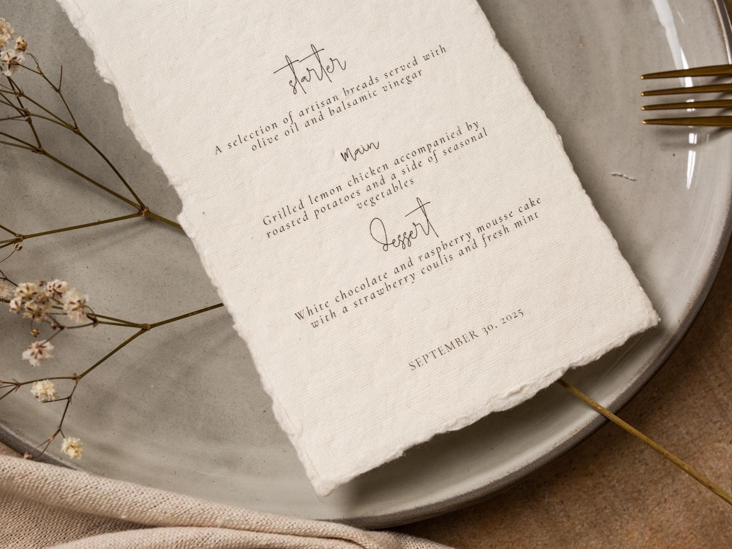 Printed Deckled Edge Wedding Menu - Customizable Thick Raw 100% Cotton Paper for Wedding Reception, Bridal Shower, Engagement Party, 4x9.25"