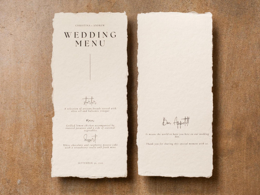 Printed Deckled Edge Wedding Menu - Customizable Thick Raw 100% Cotton Paper for Wedding Reception, Bridal Shower, Engagement Party, 4x9.25"