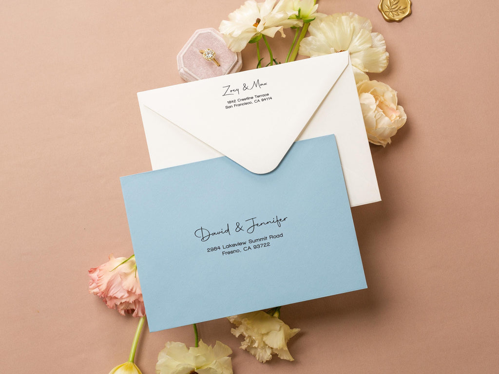 A7 envelope address printing (d3) - with white or black ink custom wedding guest invitation black navy green return envelopes personalized