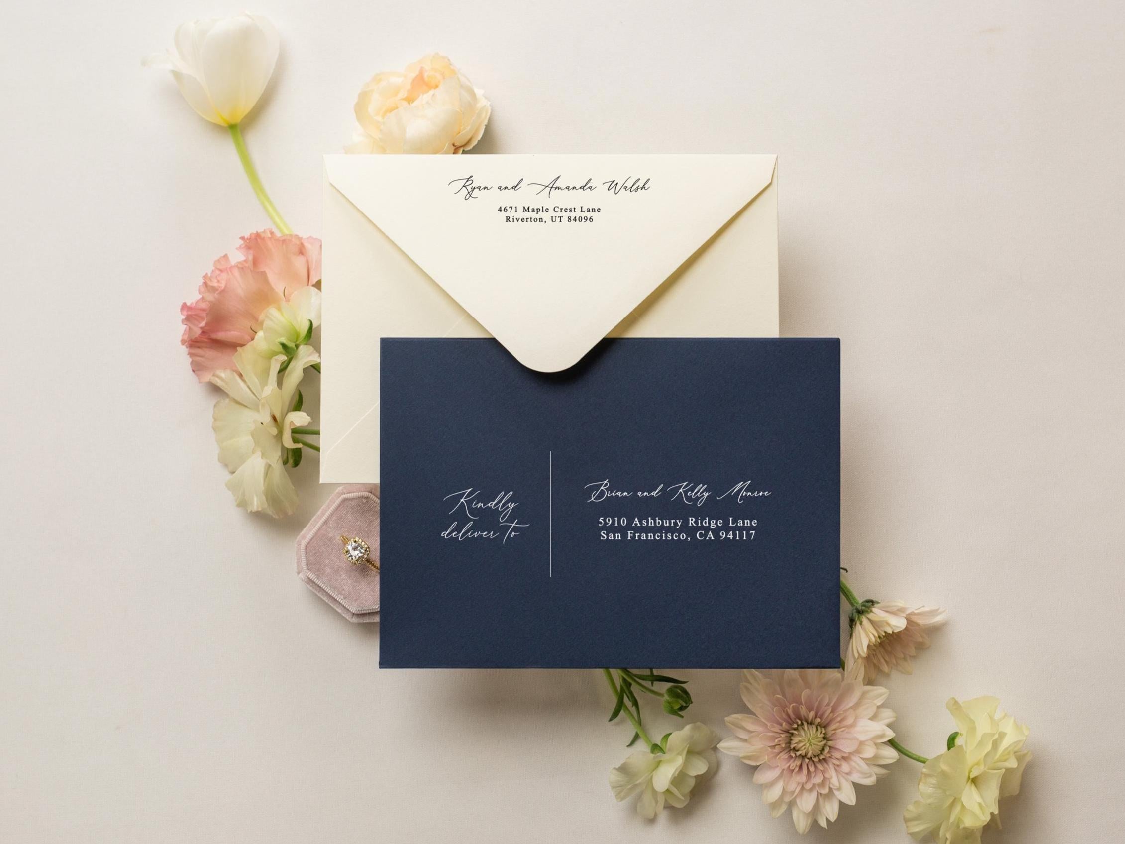 A7 envelope address printing (d6) - with white or blank ink custom wedding guest invitation black navy green return envelopes personalized