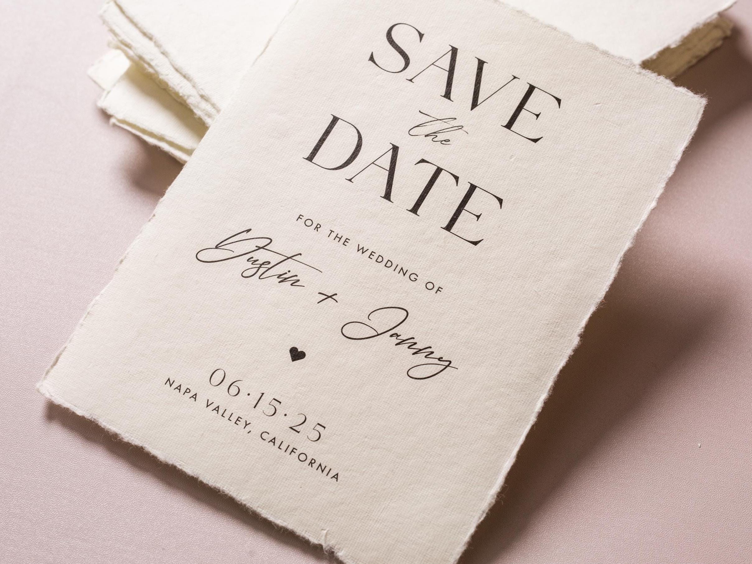 Printed Deckled Edge Save-the-Date Cards (D2) - 5x7 Custom Wedding Stationary Raw Edge on Thick Cotton Paper, w/ Optional A7 Envelopes