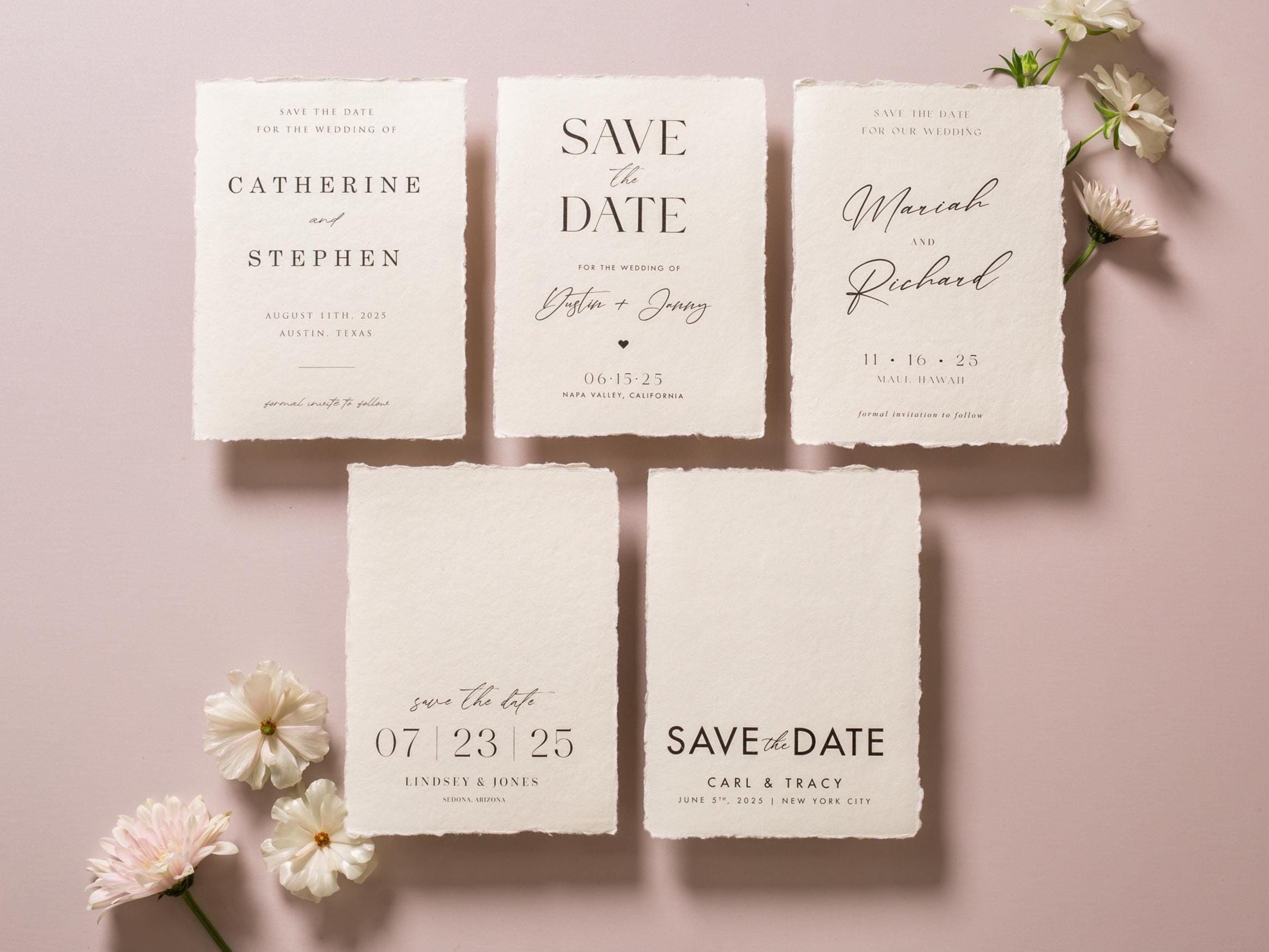 Printed Deckled Edge Save-the-Date Cards (D2) - 5x7 Custom Wedding Stationary Raw Edge on Thick Cotton Paper, w/ Optional A7 Envelopes