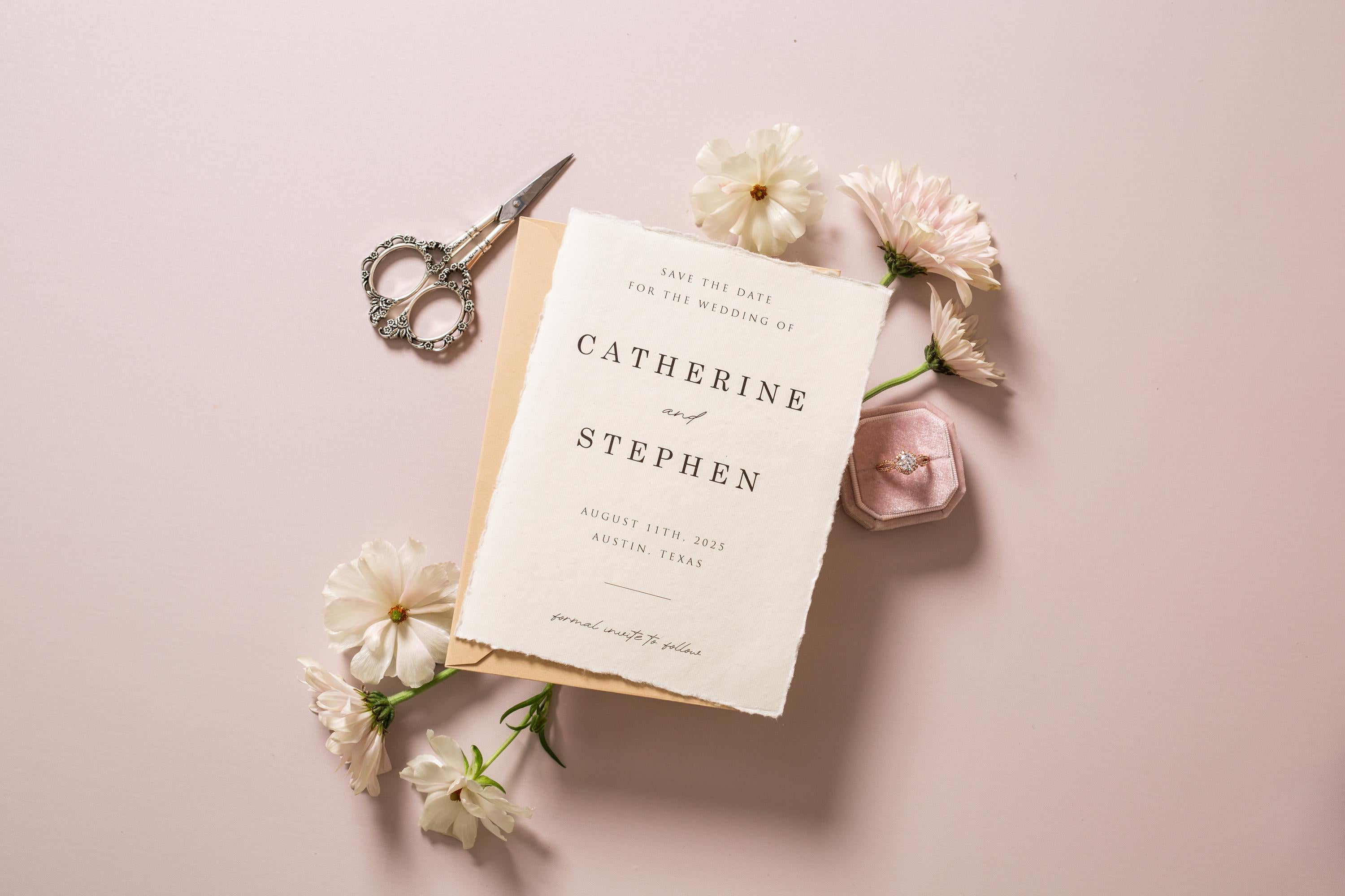 Printed Deckle Edge Save-the-Date Cards (D4) - 5x7 Custom Wedding Invitation Cards, Raw Edge Cotton Paper, w/ Optional Envelopes A7