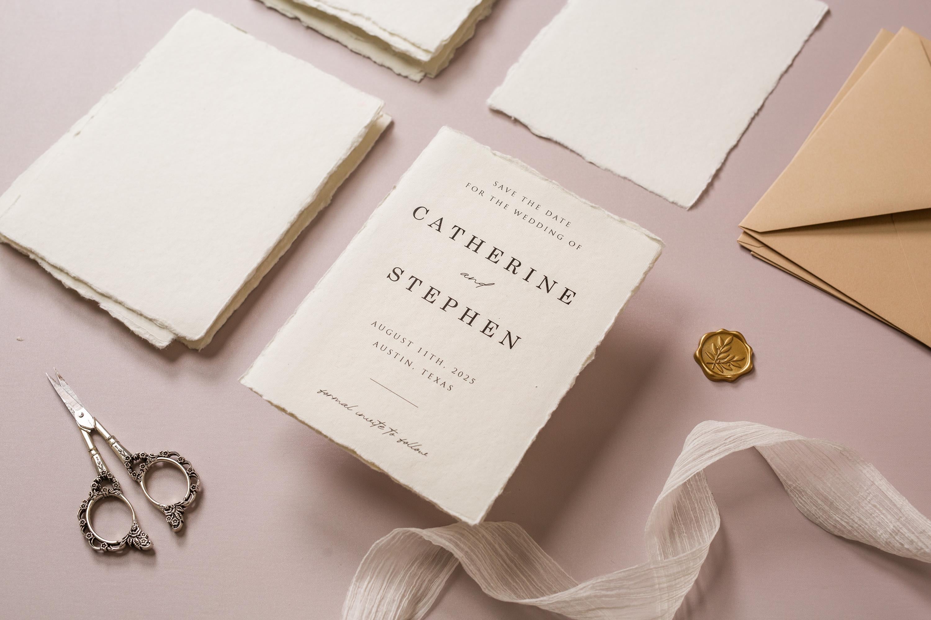 Printed Deckle Edge Save-the-Date Cards (D4) - 5x7 Custom Wedding Invitation Cards, Raw Edge Cotton Paper, w/ Optional Envelopes A7