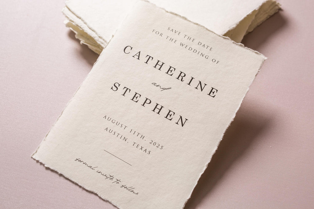 Printed Deckle Edge Save-the-Date Cards (D4) - 5x7 Custom Wedding Invitation Cards, Raw Edge Cotton Paper, w/ Optional Envelopes A7