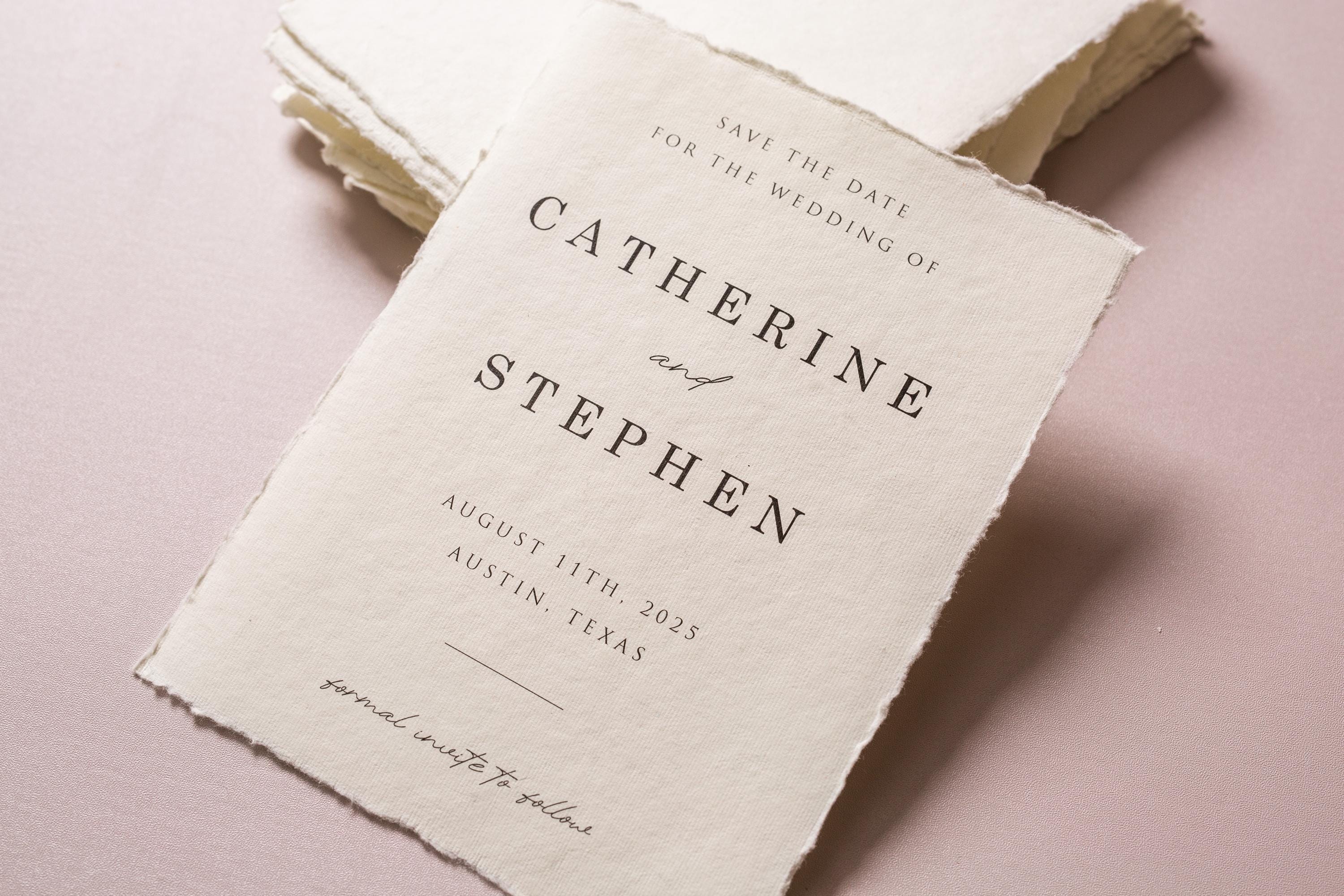 Printed Deckle Edge Save-the-Date Cards (D4) - 5x7 Custom Wedding Invitation Cards, Raw Edge Cotton Paper, w/ Optional Envelopes A7