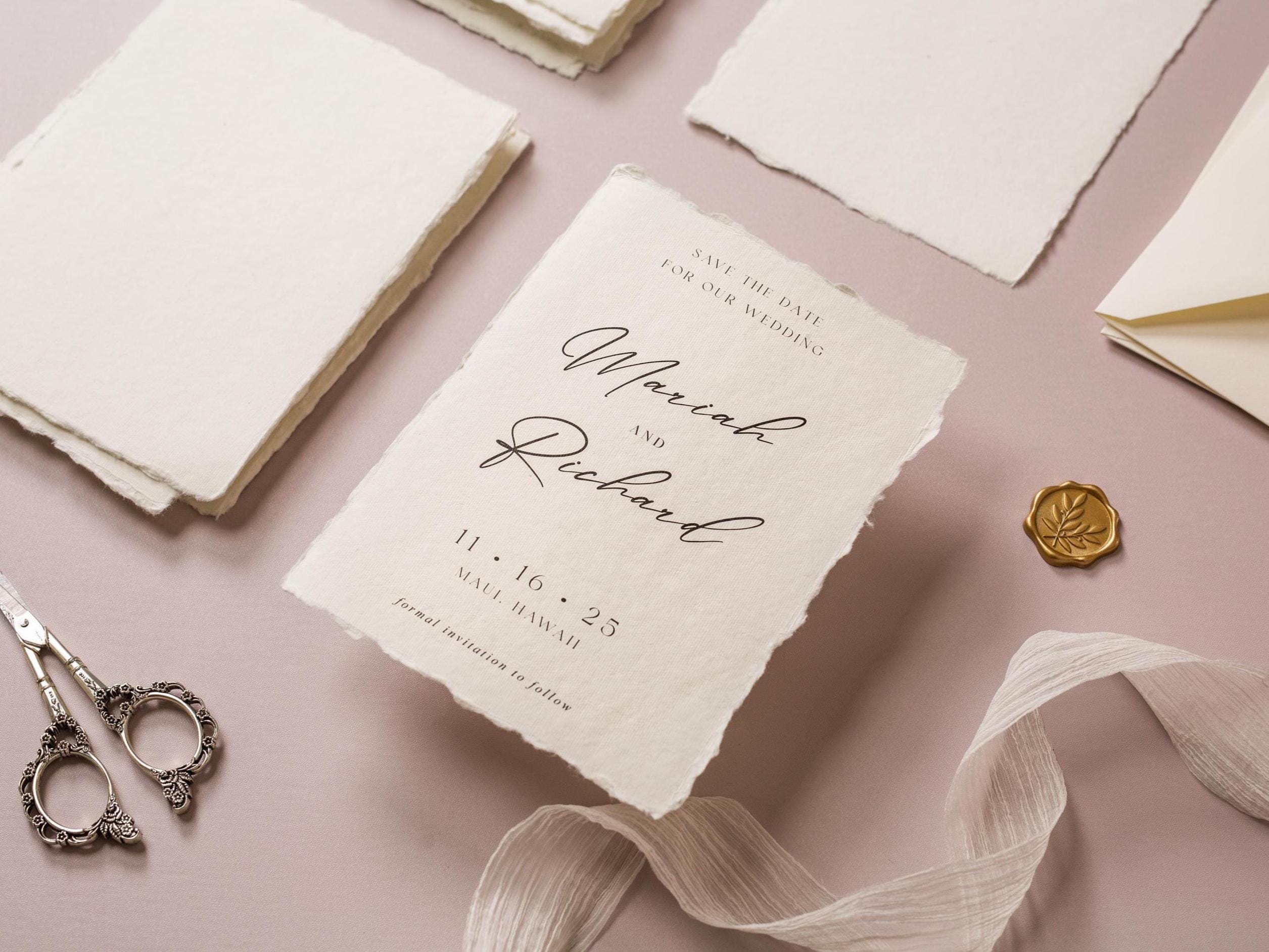 Printed Deckled Edge Save-the-Date Cards (D5) - 5x7 Custom Cards Stationary on Raw Edge Cotton Paper for Weddings, W/ Optional A7 Envelopes