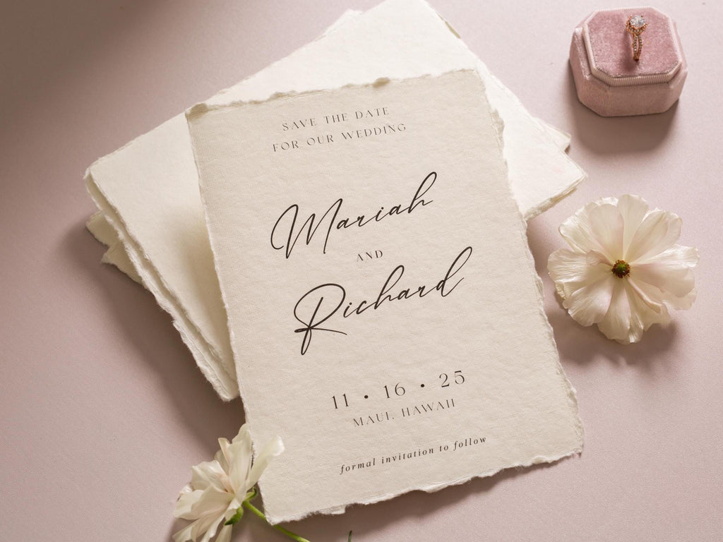 Printed Deckled Edge Save-the-Date Cards (D5) - 5x7 Custom Cards Stationary on Raw Edge Cotton Paper for Weddings, W/ Optional A7 Envelopes