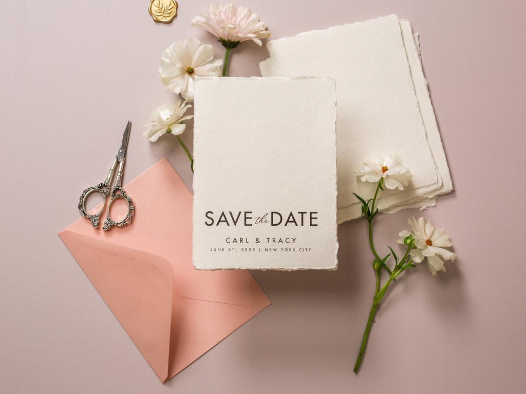 Printed Deckle Edge Save-the-Date Cards (D6) - 5x7 Custom wedding save the date stationary raw edge on thick cotton paper optional envelopes