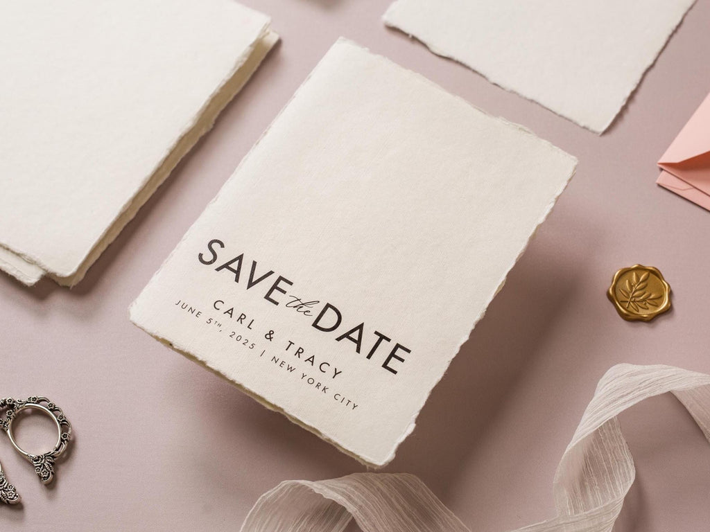 Printed Deckle Edge Save-the-Date Cards (D6) - 5x7 Custom wedding save the date stationary raw edge on thick cotton paper optional envelopes