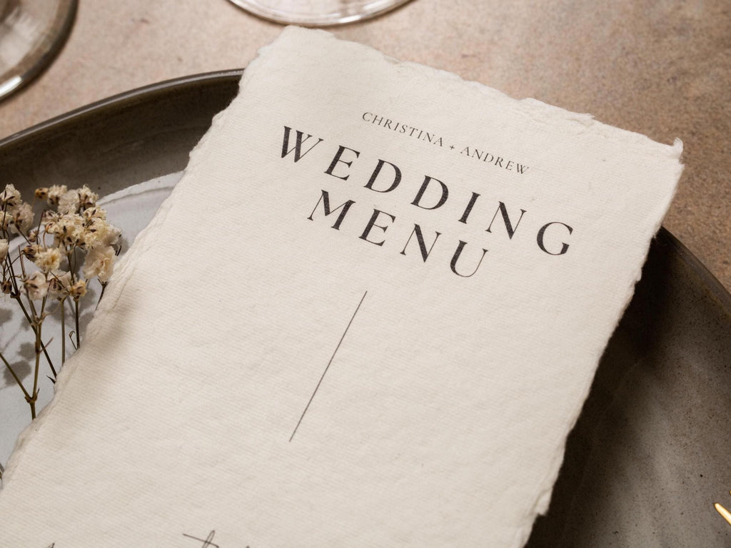 Printed Deckled Edge Wedding Menu - Customizable Thick Raw 100% Cotton Paper for Wedding Reception, Bridal Shower, Engagement Party, 4x9.25"