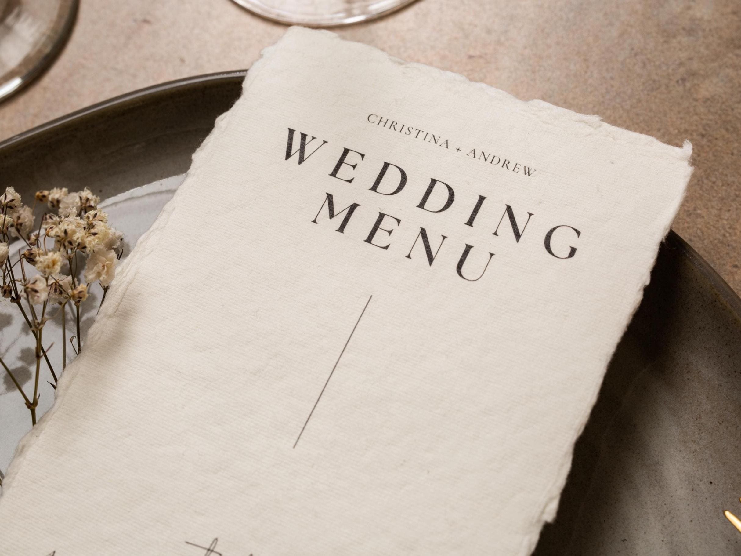 Printed Deckled Edge Wedding Menu - Customizable Thick Raw 100% Cotton Paper for Wedding Reception, Bridal Shower, Engagement Party, 4x9.25"