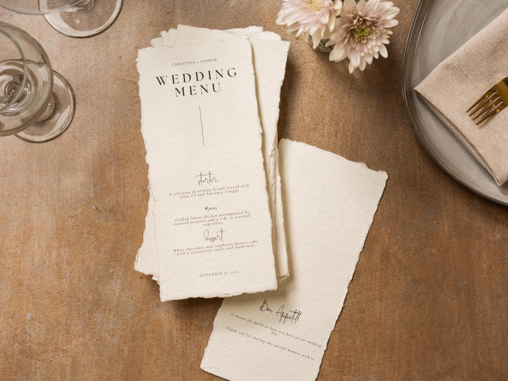 Printed Deckled Edge Wedding Menu - Customizable Thick Raw 100% Cotton Paper for Wedding Reception, Bridal Shower, Engagement Party, 4x9.25"
