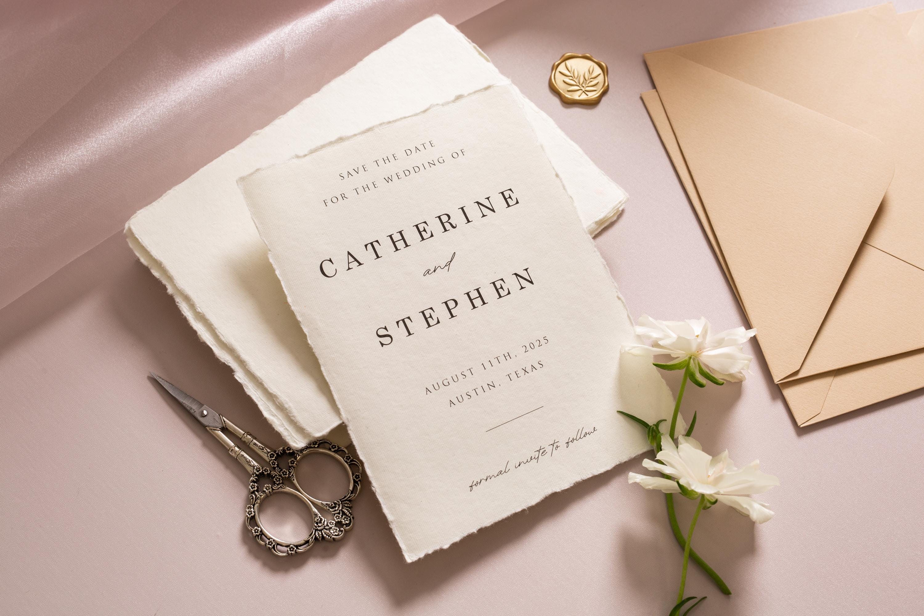 Printed Deckle Edge Save-the-Date Cards (D4) - 5x7 Custom Wedding Invitation Cards, Raw Edge Cotton Paper, w/ Optional Envelopes A7