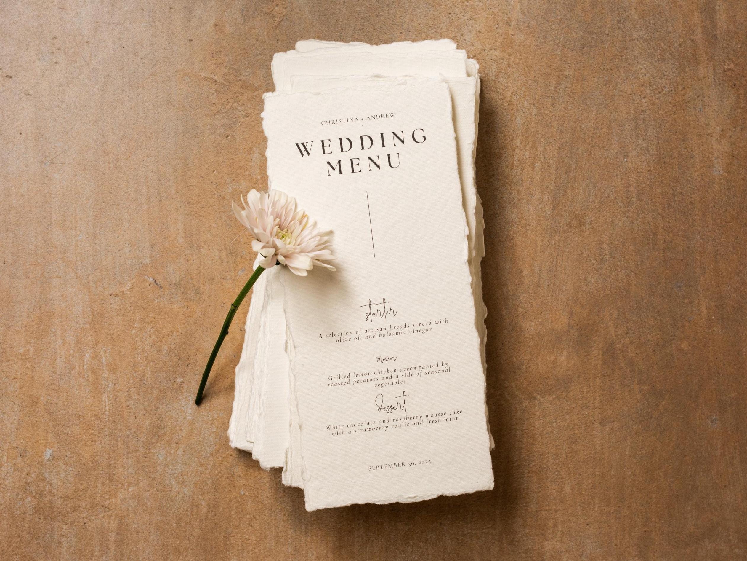 Printed Deckled Edge Wedding Menu - Customizable Thick Raw 100% Cotton Paper for Wedding Reception, Bridal Shower, Engagement Party, 4x9.25"