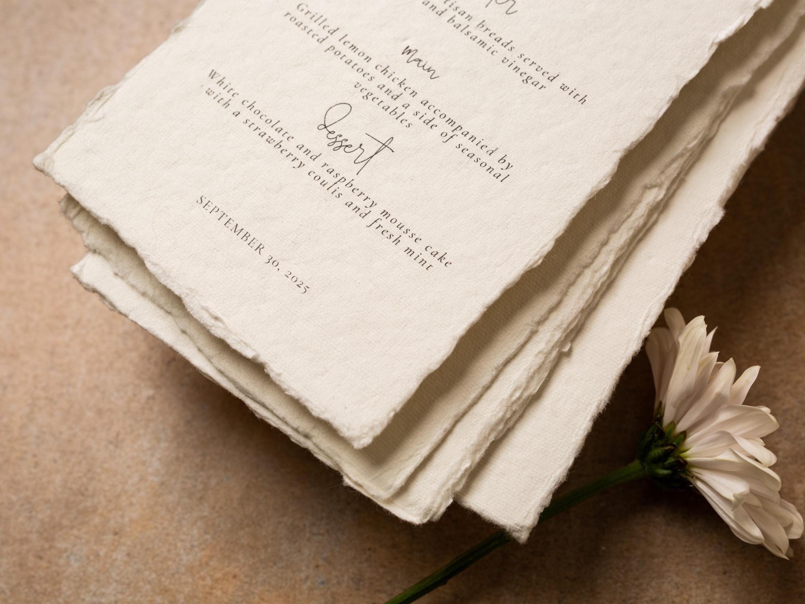 Printed Deckled Edge Wedding Menu - Customizable Thick Raw 100% Cotton Paper for Wedding Reception, Bridal Shower, Engagement Party, 4x9.25"