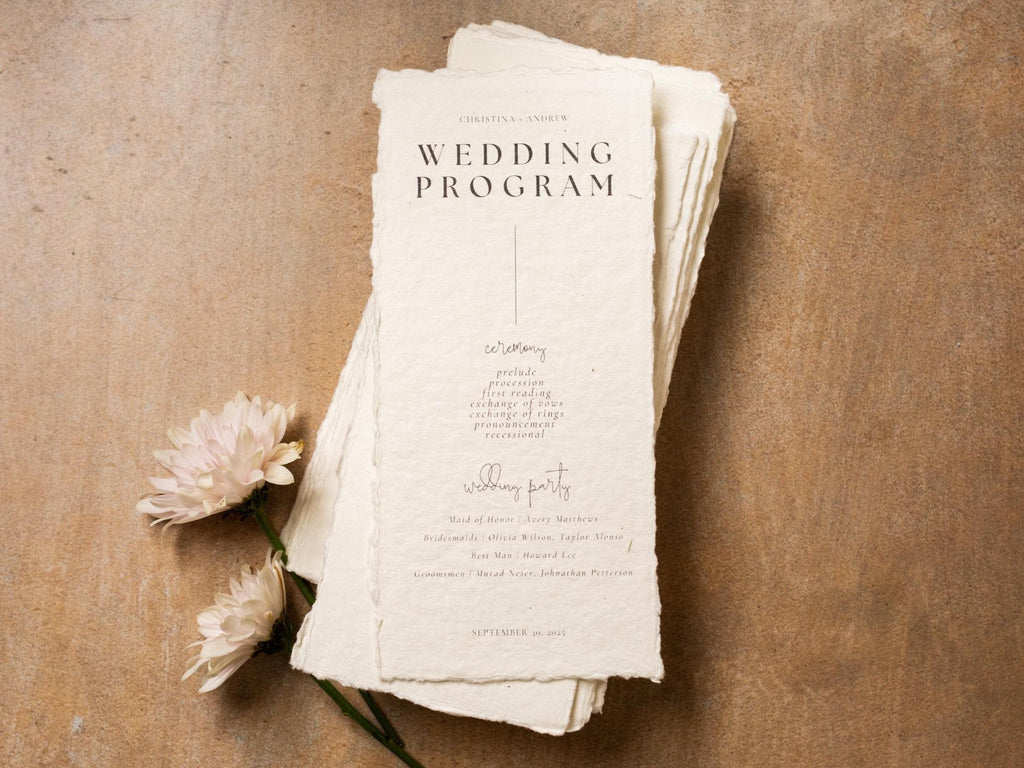 Printed Deckled Edge Wedding Ceremony Program - Customizable and Printed on Flat 100% Raw Handmade Cotton Thick Paper Cards, Ivory, 4x9.25"