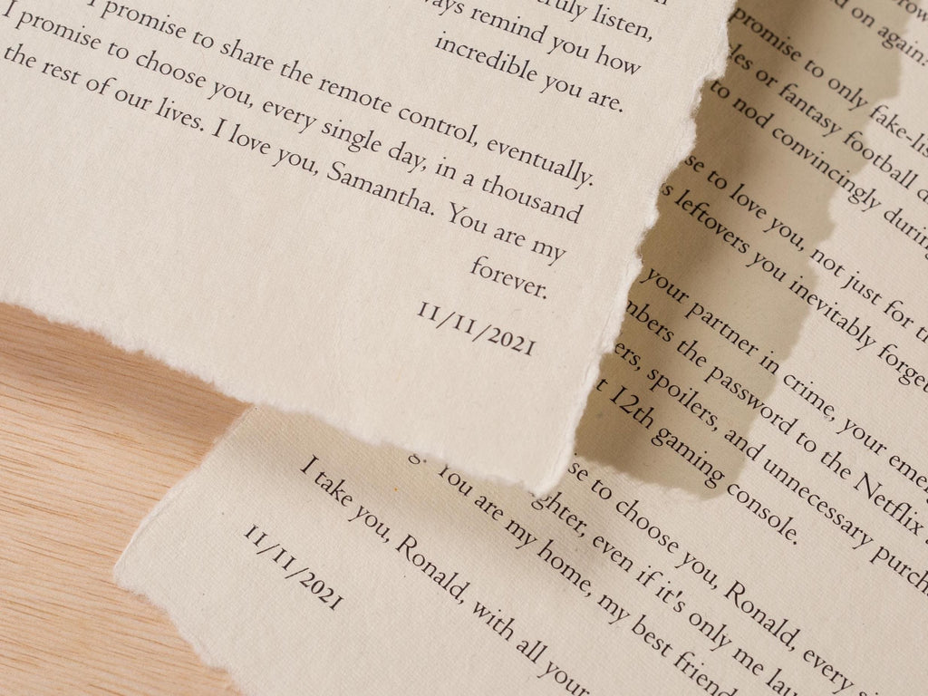 Wedding Vows Printed on Deckle Edge Paper - Custom Personalized Gift for Paper or Cotton Anniversary, A4 Large Print Poster, Vows Wall Art