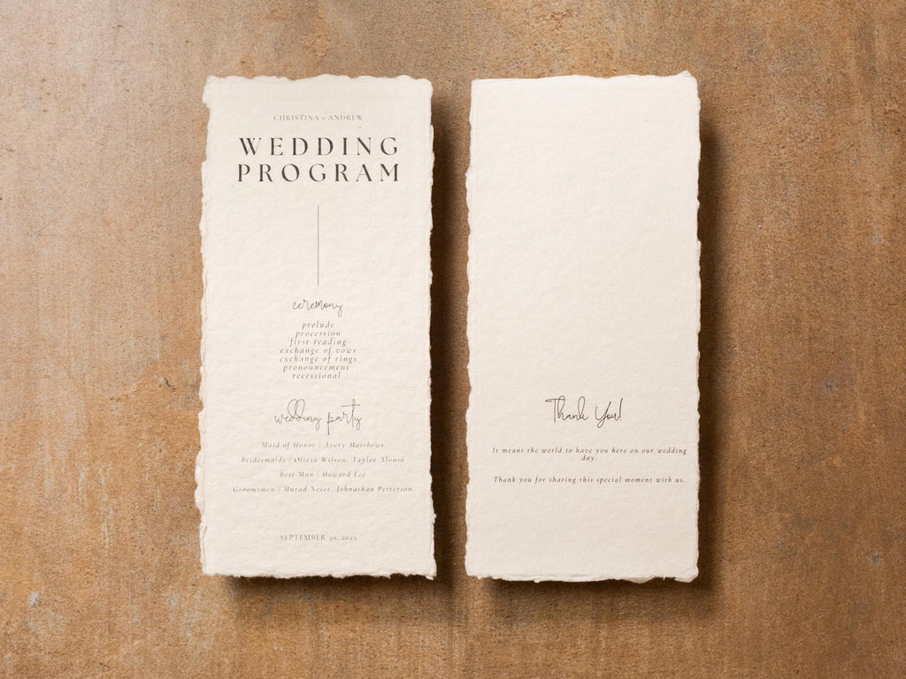 Printed Deckled Edge Wedding Ceremony Program - Customizable and Printed on Flat 100% Raw Handmade Cotton Thick Paper Cards, Ivory, 4x9.25"
