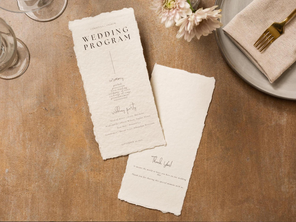 Printed Deckled Edge Wedding Ceremony Program - Customizable and Printed on Flat 100% Raw Handmade Cotton Thick Paper Cards, Ivory, 4x9.25"