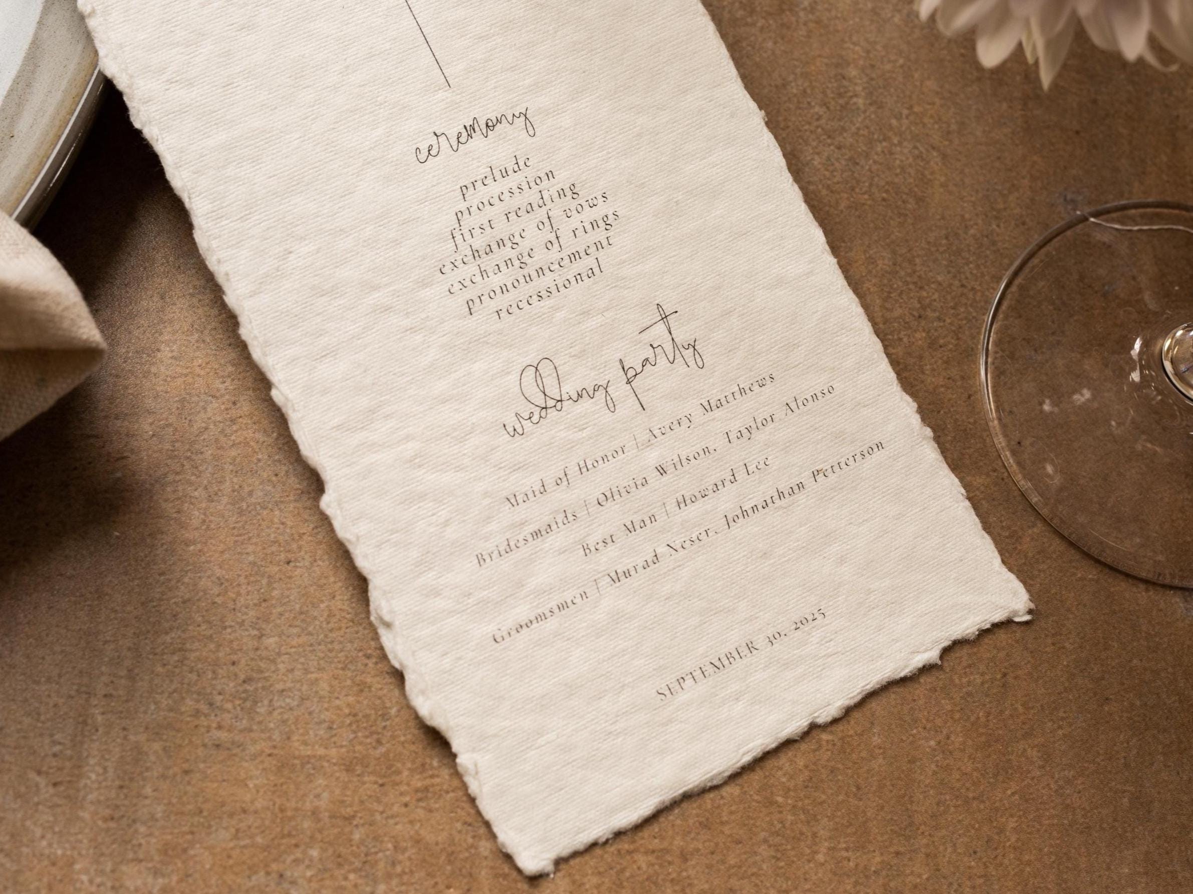 Printed Deckled Edge Wedding Ceremony Program - Customizable and Printed on Flat 100% Raw Handmade Cotton Thick Paper Cards, Ivory, 4x9.25"