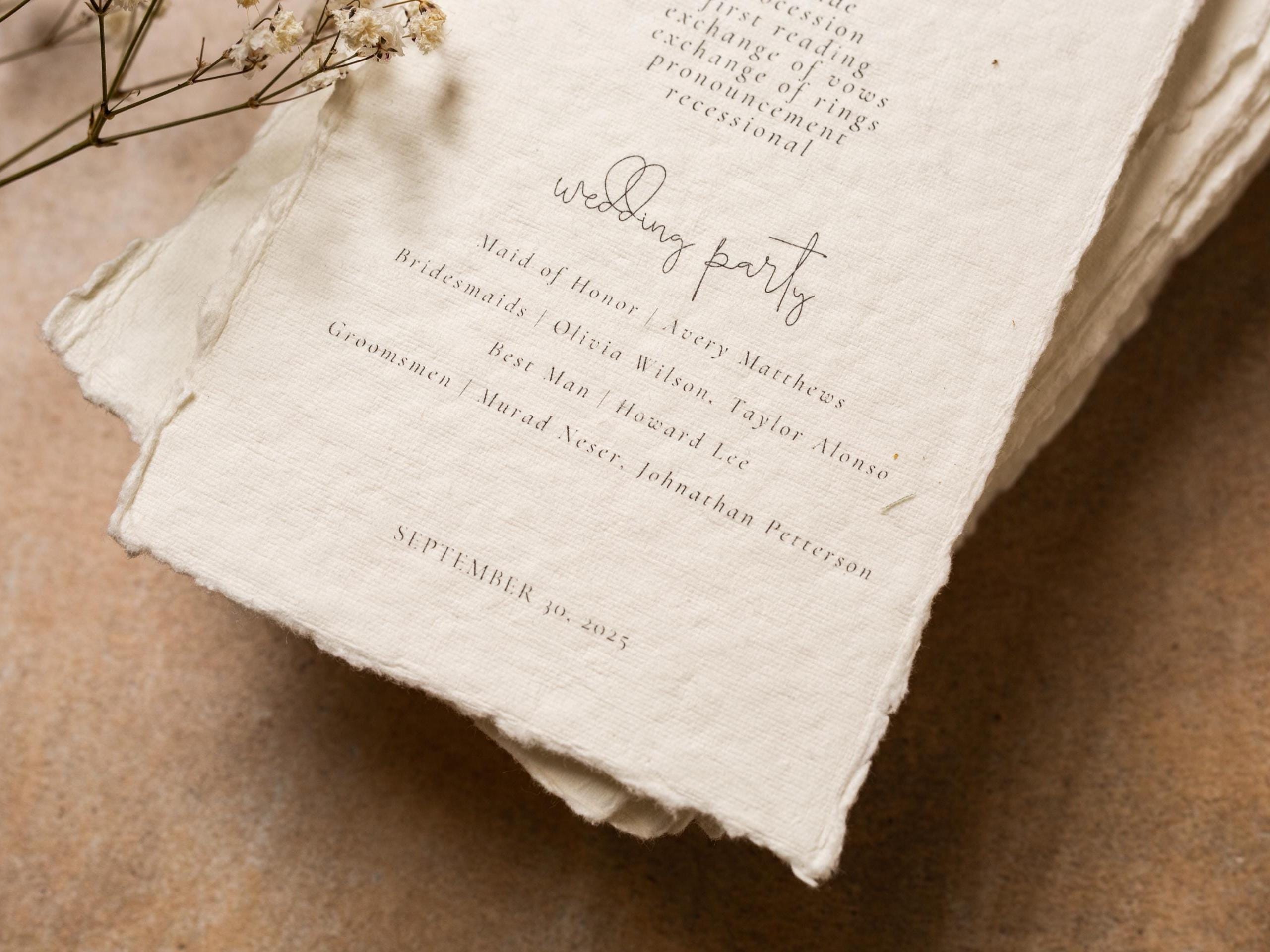 Printed Deckled Edge Wedding Ceremony Program - Customizable and Printed on Flat 100% Raw Handmade Cotton Thick Paper Cards, Ivory, 4x9.25"