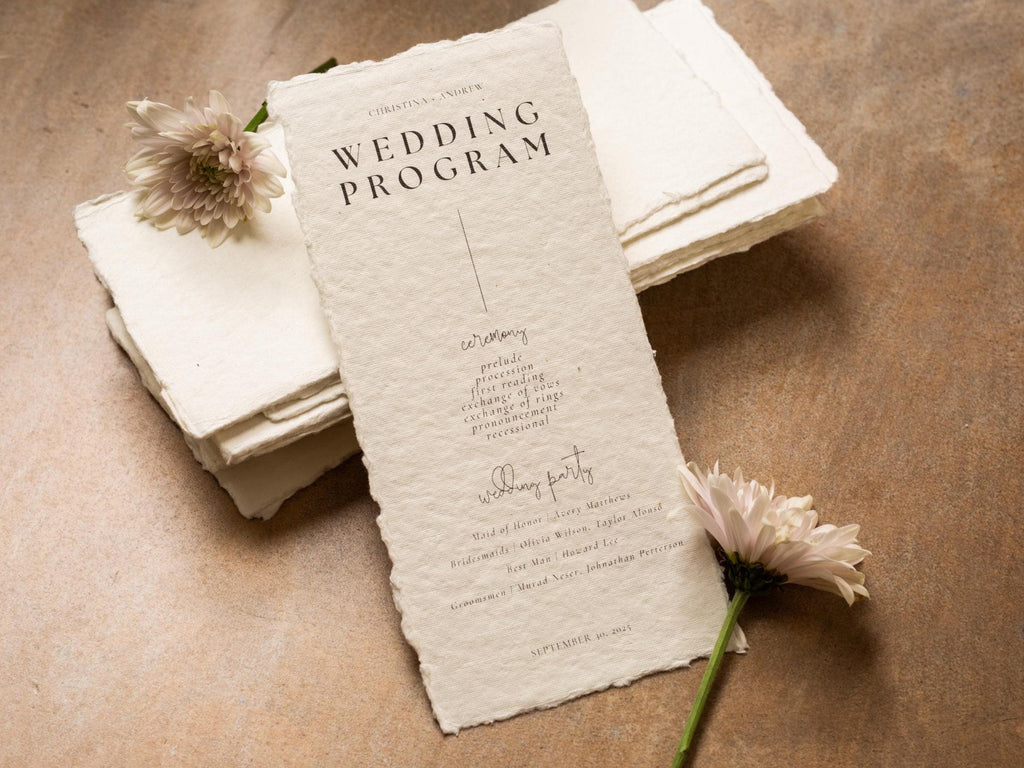Printed Deckled Edge Wedding Ceremony Program - Customizable and Printed on Flat 100% Raw Handmade Cotton Thick Paper Cards, Ivory, 4x9.25"