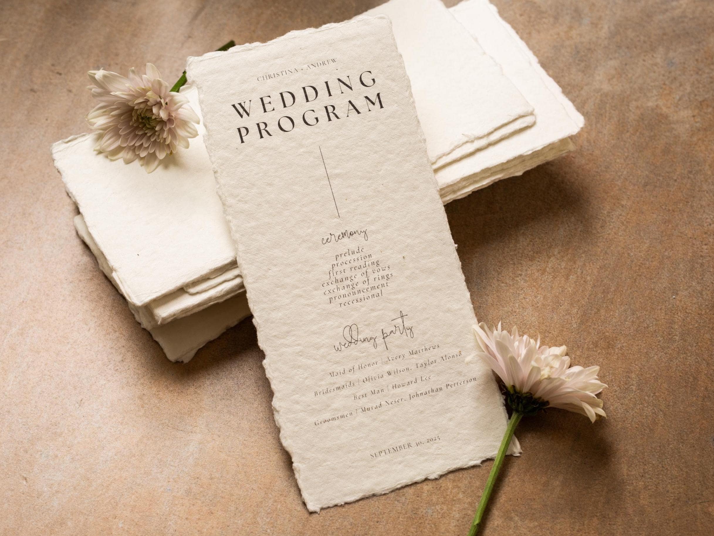 Printed Deckled Edge Wedding Ceremony Program - Customizable and Printed on Flat 100% Raw Handmade Cotton Thick Paper Cards, Ivory, 4x9.25"