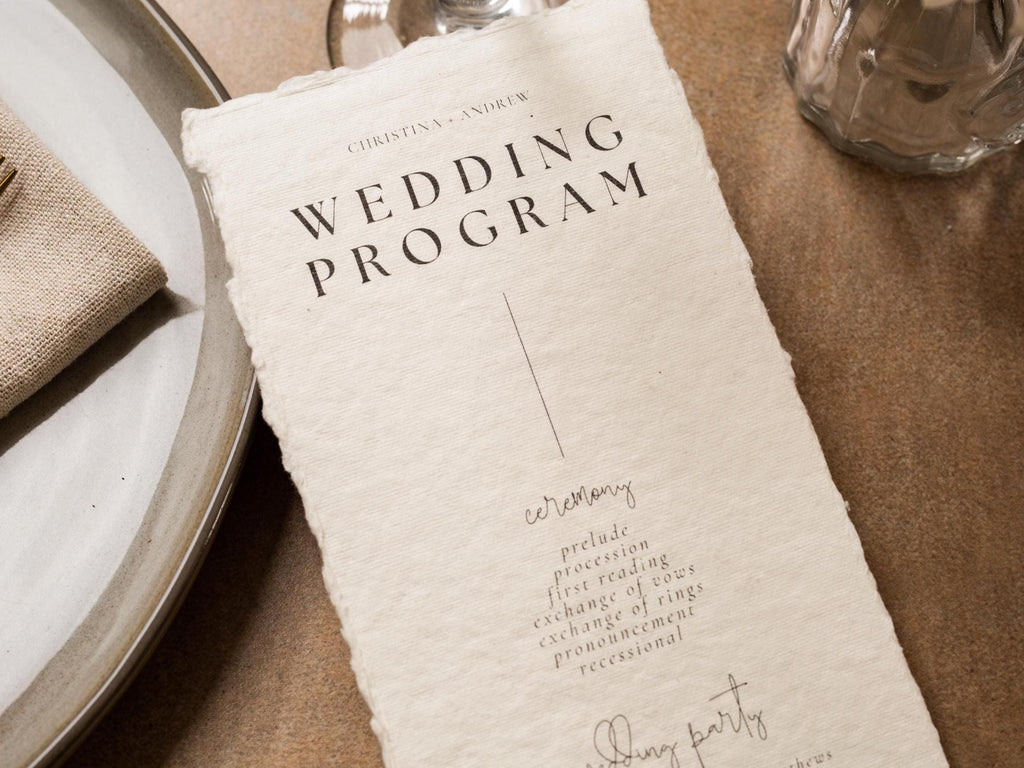 Printed Deckled Edge Wedding Ceremony Program - Customizable and Printed on Flat 100% Raw Handmade Cotton Thick Paper Cards, Ivory, 4x9.25"