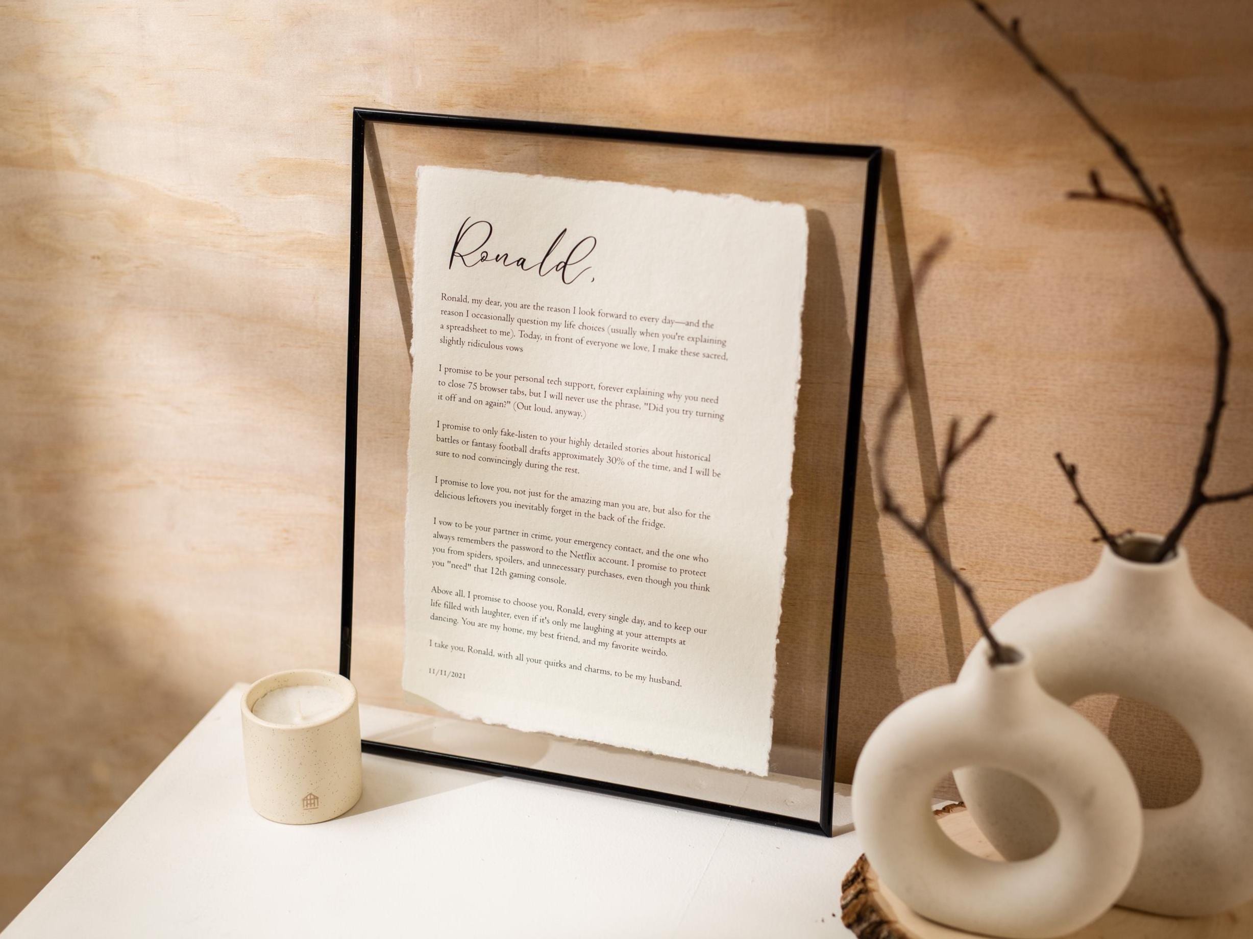 Wedding Vows Printed on Deckle Edge Paper - Custom Personalized Gift for Paper or Cotton Anniversary, A4 Large Print Poster, Vows Wall Art