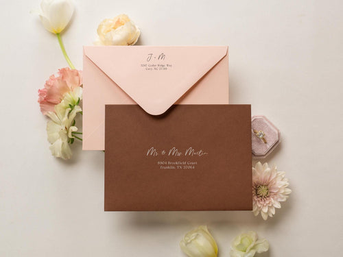 A7 envelope address printing (d1) - with white or black ink custom wedding guest invitation black navy green return envelopes personalized