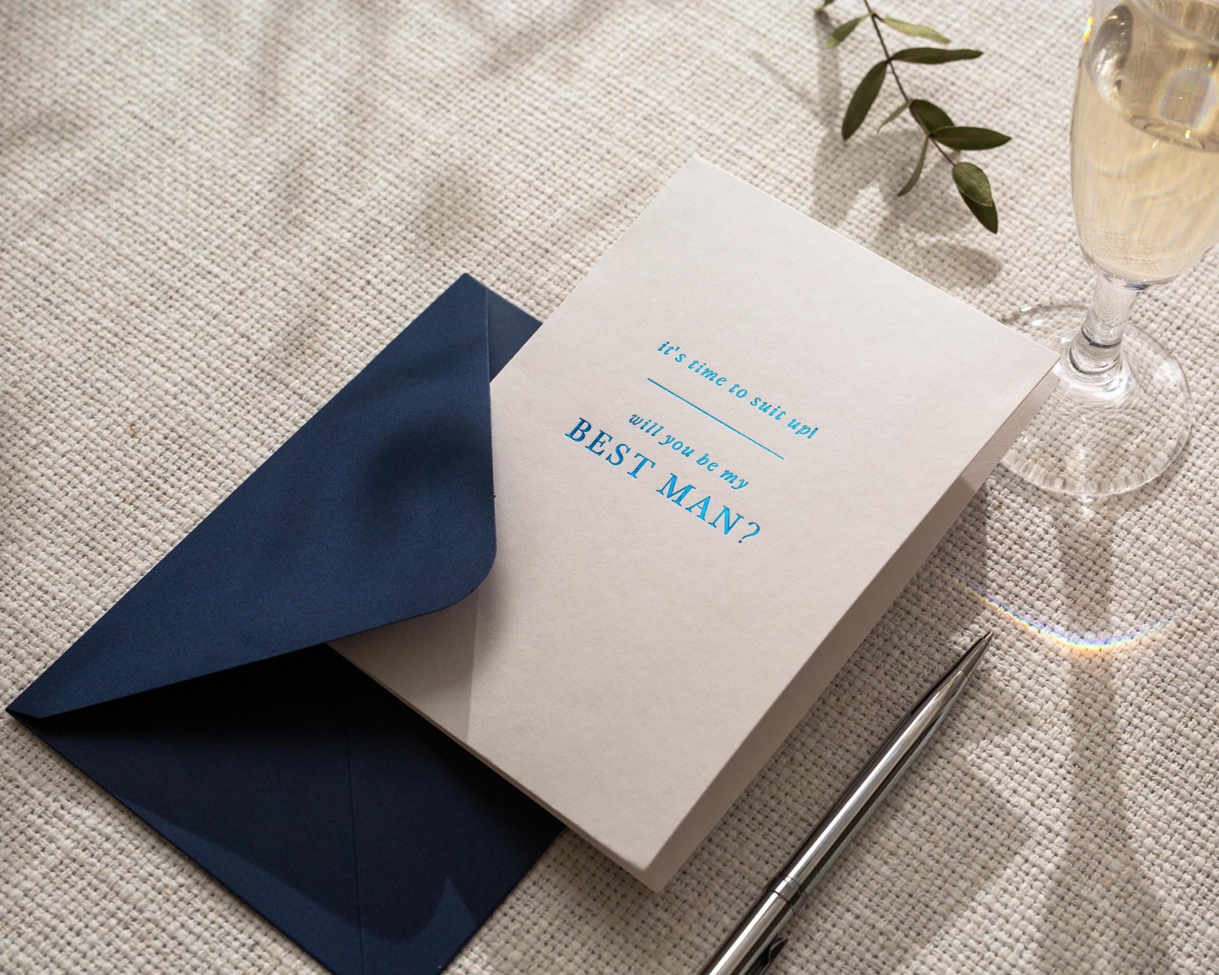 Navy Embossed Best Man Proposal Card w/ Envelope - Ready To Ship Groomsman Ask Card Suit Up Wedding Party Invitation Keepsake