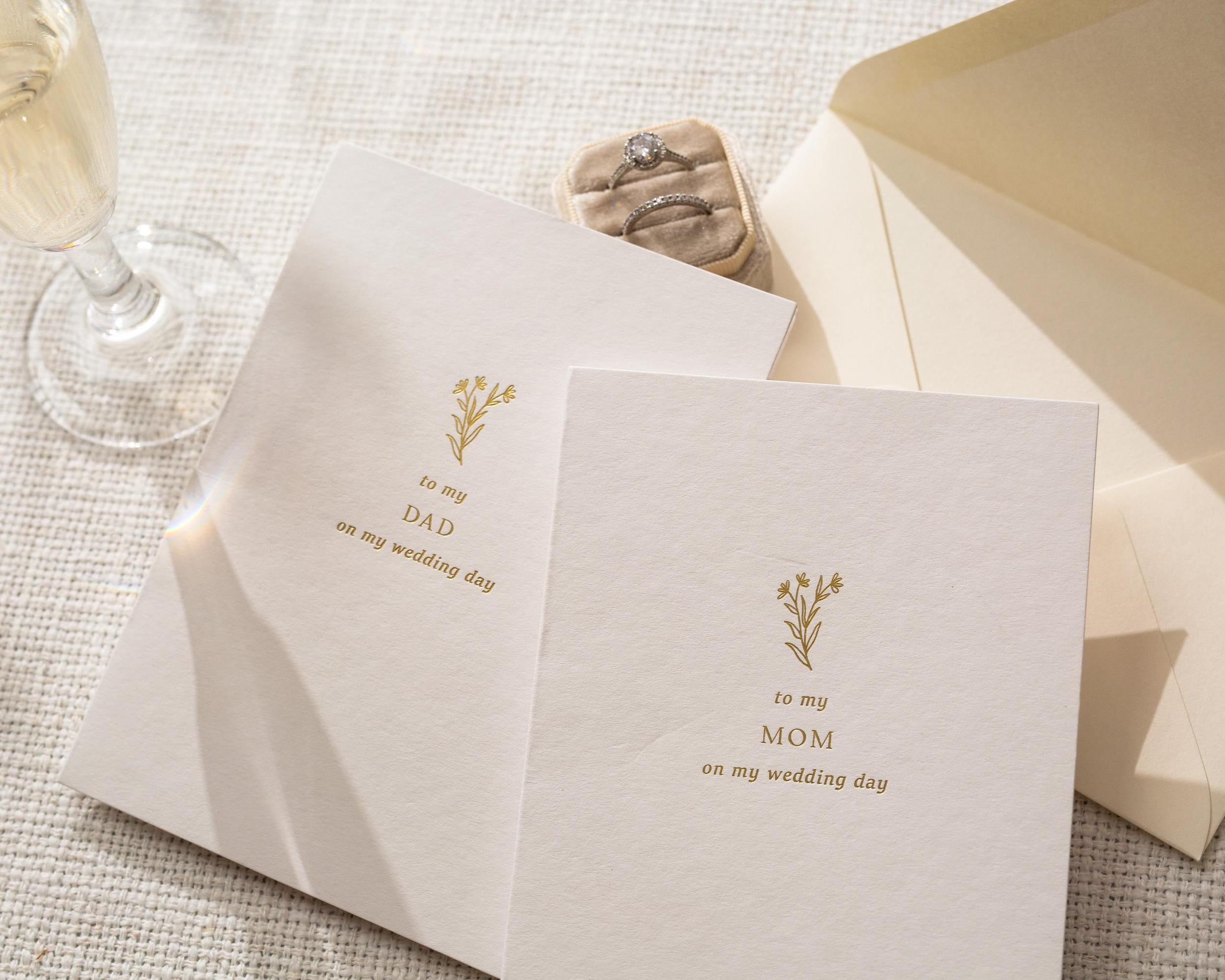 Gold Embossed To My Mom & Dad on My Wedding Day Card Set w/ Envelopes - Set of 2 Ready To Ship Parent Thank You Letter Keepsake