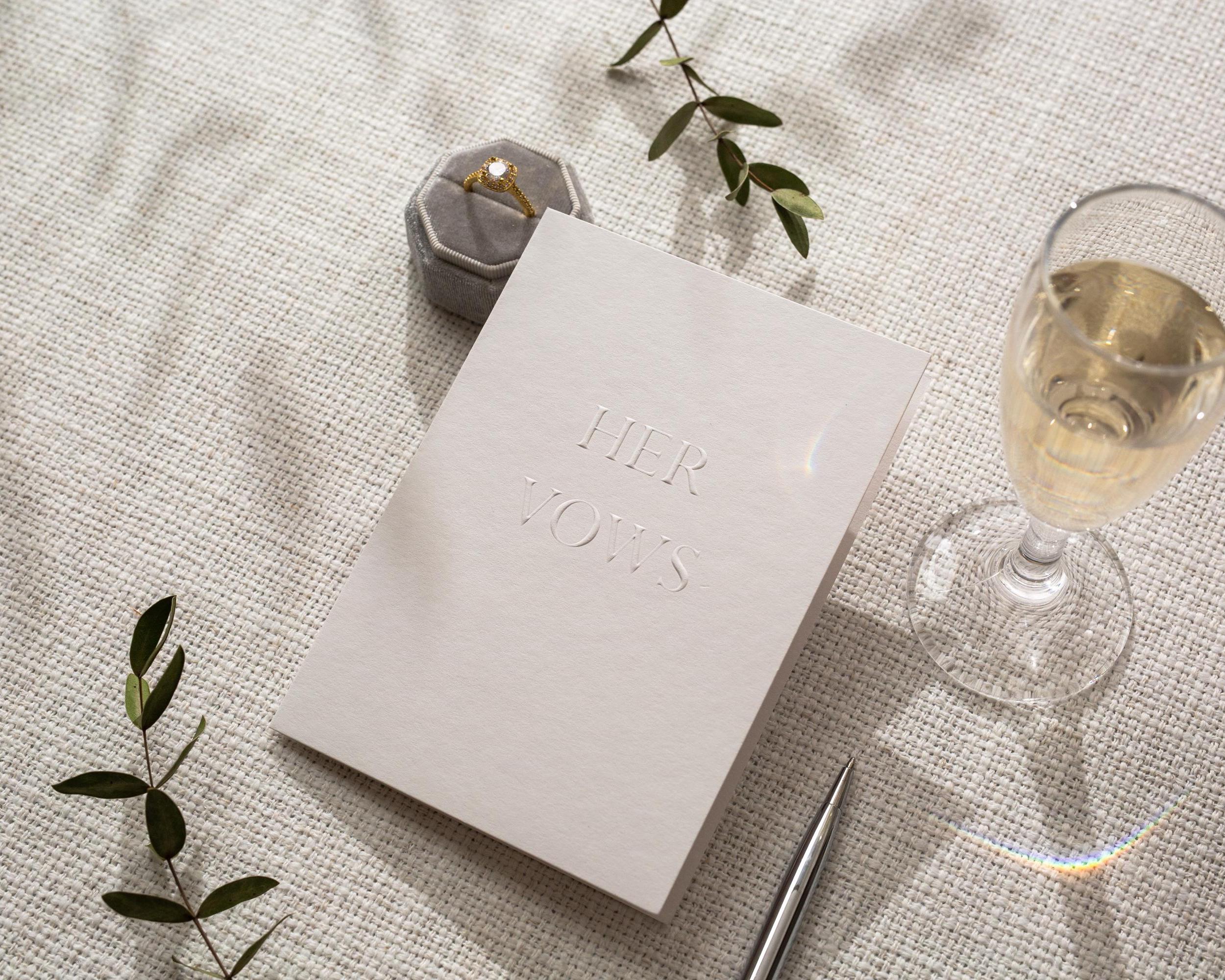 Raised Embossing His and Her Vow Cards Set of 2 w/ Envelopes - Ready To Ship Blind Embossed Wedding Vows Booklet, Minimal Ceremony Keepsake