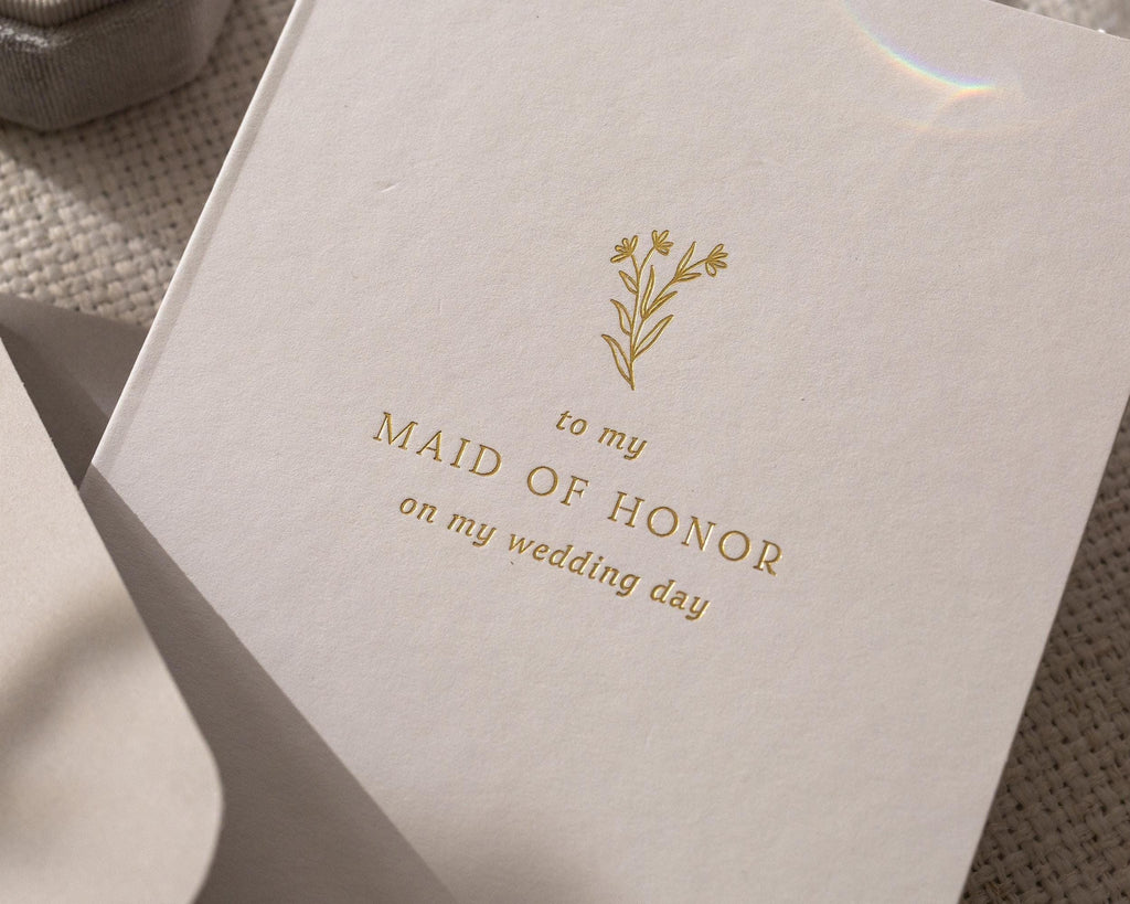 Gold Embossed To My Maid of Honor On My Wedding Day Card w/ Envelope - Ready To Ship Thank You Letter, Minimalist Bridal Party Keepsake