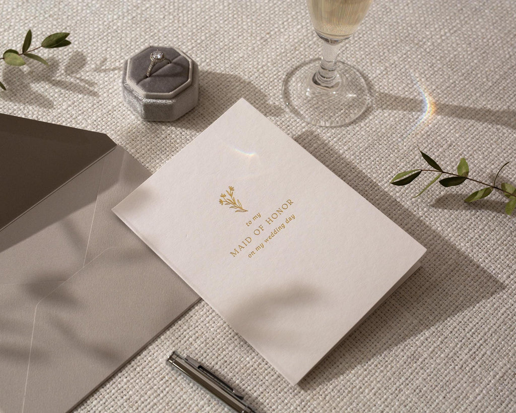 Gold Embossed To My Maid of Honor On My Wedding Day Card w/ Envelope - Ready To Ship Thank You Letter, Minimalist Bridal Party Keepsake