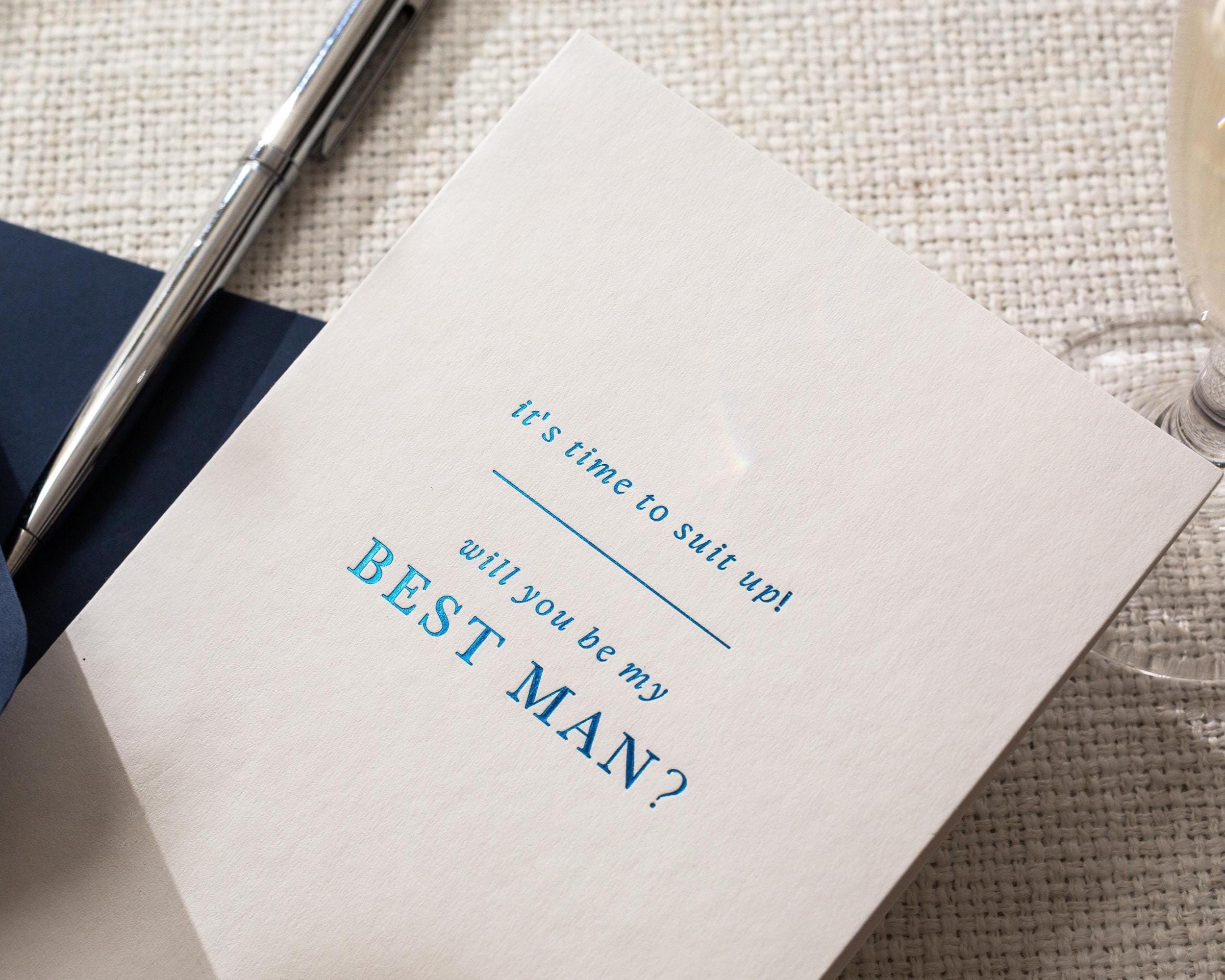 Navy Embossed Best Man Proposal Card w/ Envelope - Ready To Ship Groomsman Ask Card Suit Up Wedding Party Invitation Keepsake