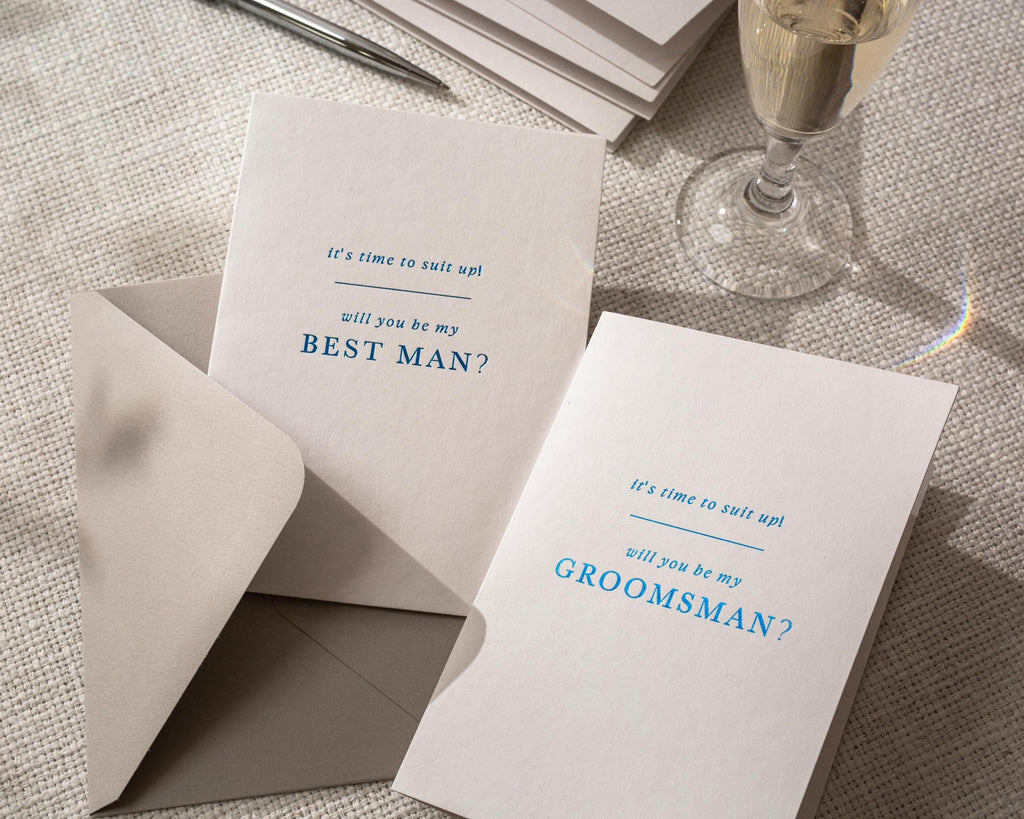 Navy Embossed Best Man Proposal Card w/ Envelope - Ready To Ship Groomsman Ask Card Suit Up Wedding Party Invitation Keepsake