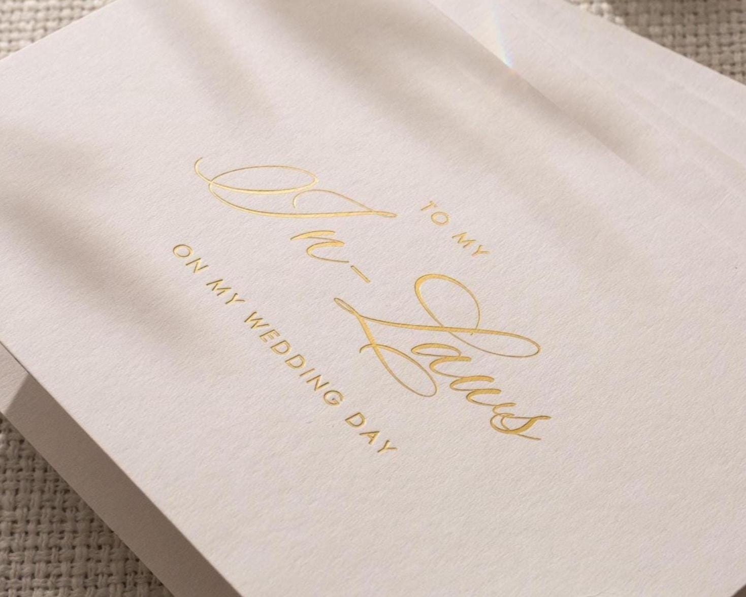 Gold Embossed To My In-Laws Thank You Card w/ Envelope - Wedding Day Morning Note Stationery for Groom's and Bride's Parents