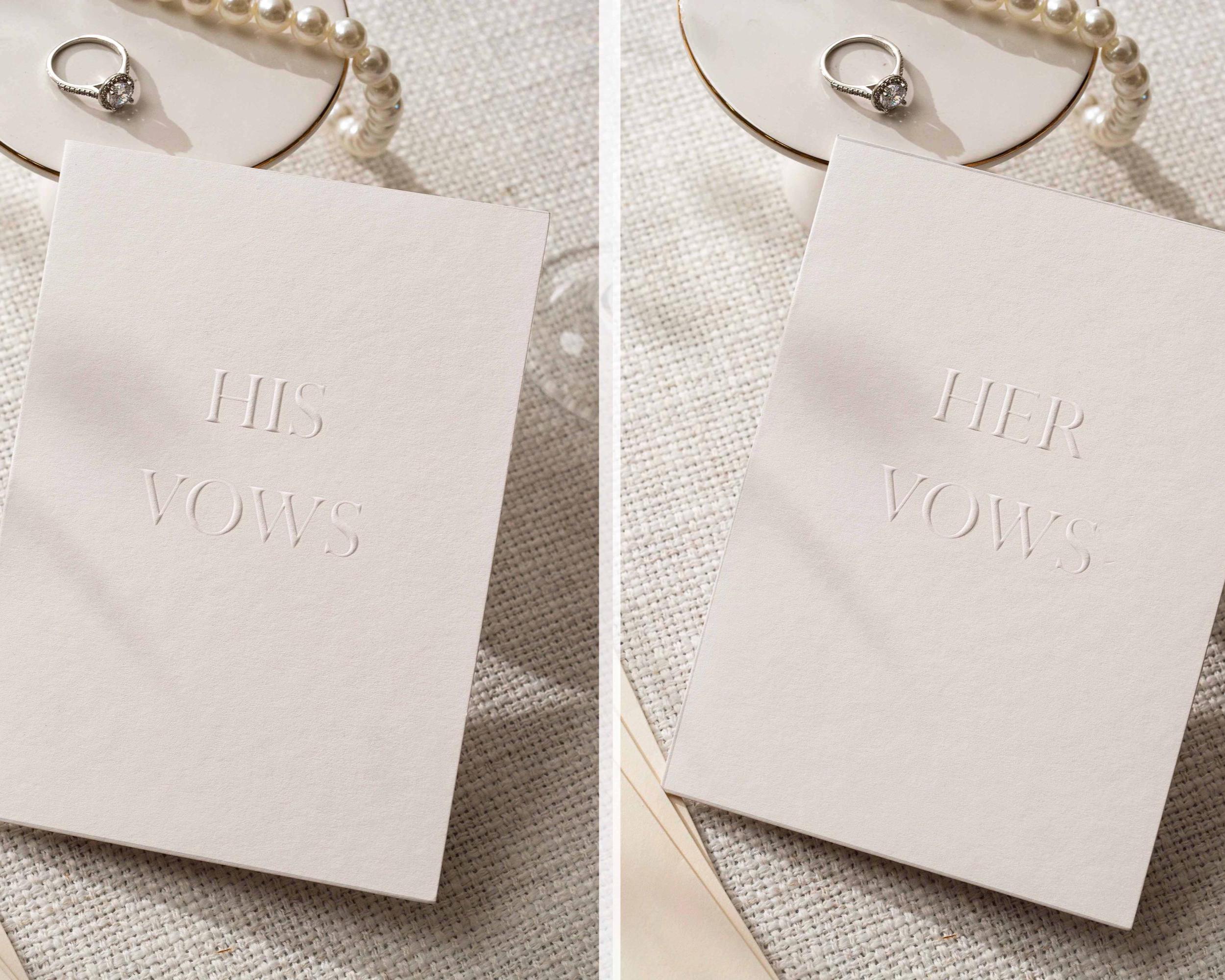 Raised Embossing His and Her Vow Cards Set of 2 w/ Envelopes - Ready To Ship Blind Embossed Wedding Vows Booklet, Minimal Ceremony Keepsake