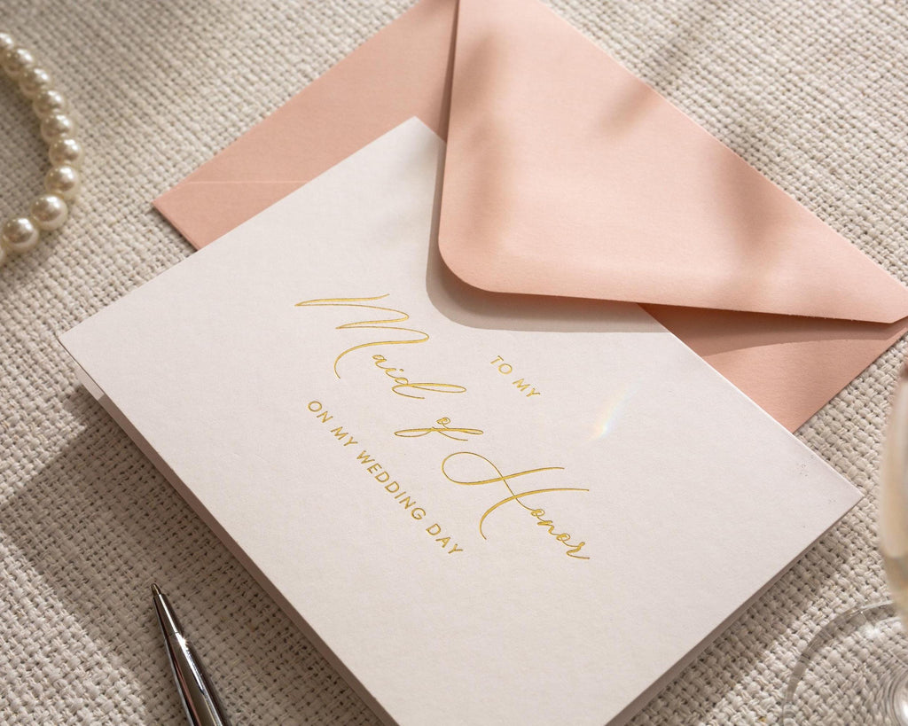 Gold Embossed To My Maid of Honor Card w/ Envelope - Ready To Ship Bridal Party Bridesmaid Thank You Letter on Wedding Day