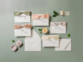 May include: A set of six wedding cards with different titles, including "husband", "wife", "bride", "groom", "love", and a blank card. Each card is decorated with a satin ribbon bow in a different color, including green, pink, and beige. The cards are arranged on a light green background.