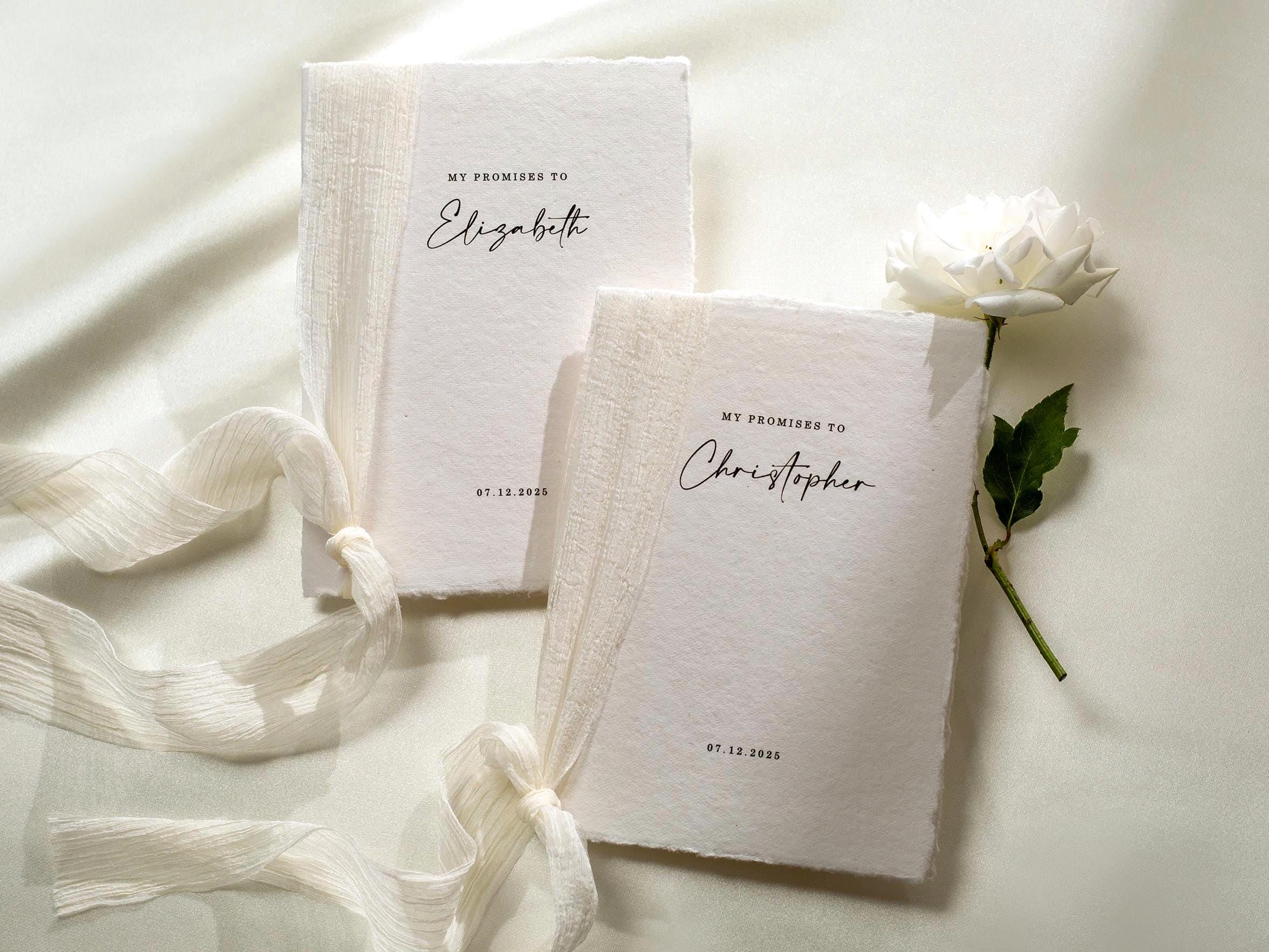 Personalized Deckled Edge Wedding Vow Booklets D2 - Set of 2, Vow Books w/ Ribbon, Vow Renewals, My Promises to, Custom Names and Date, 5x7"