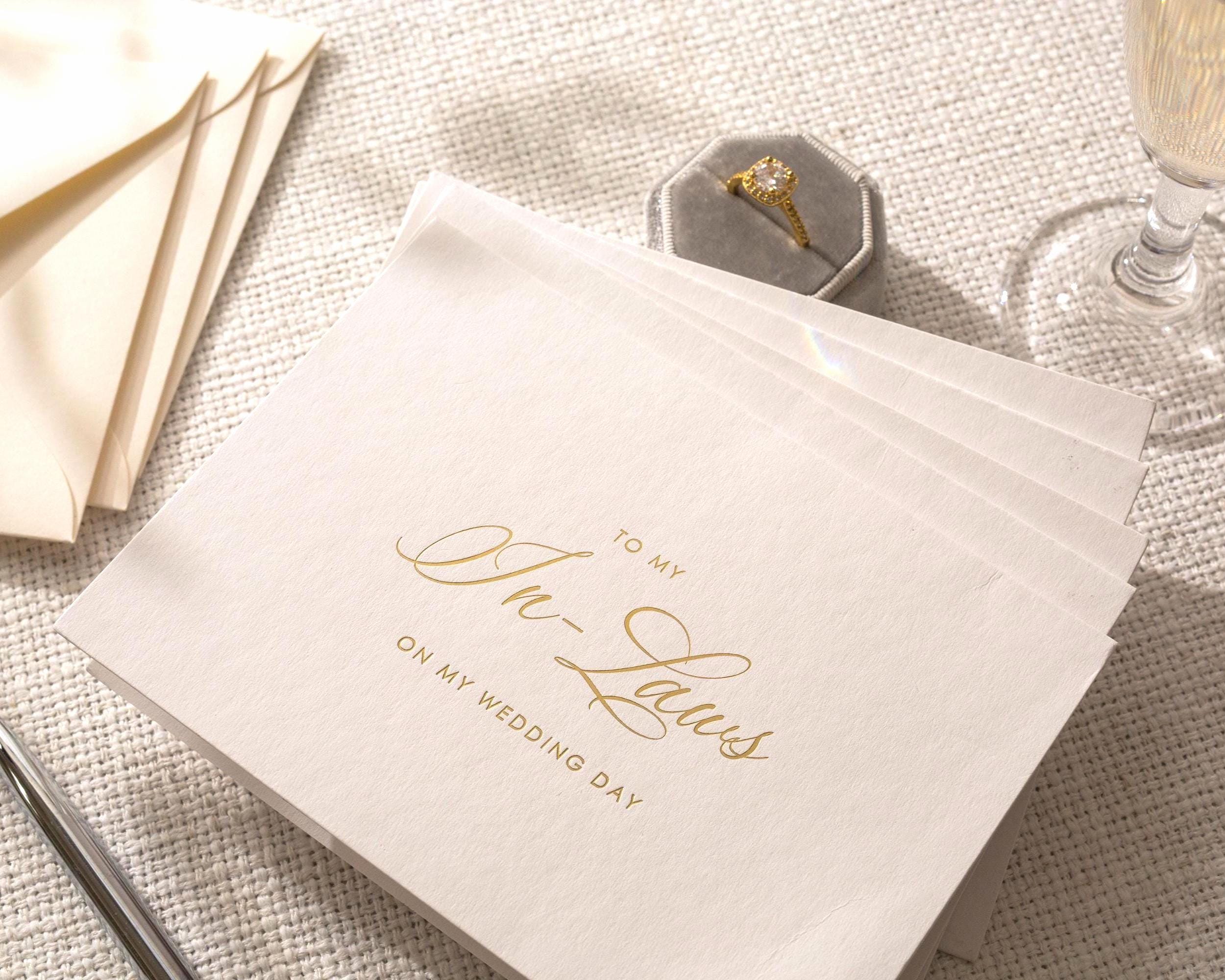 Gold Embossed To My In-Laws Thank You Card w/ Envelope - Wedding Day Morning Note Stationery for Groom's and Bride's Parents
