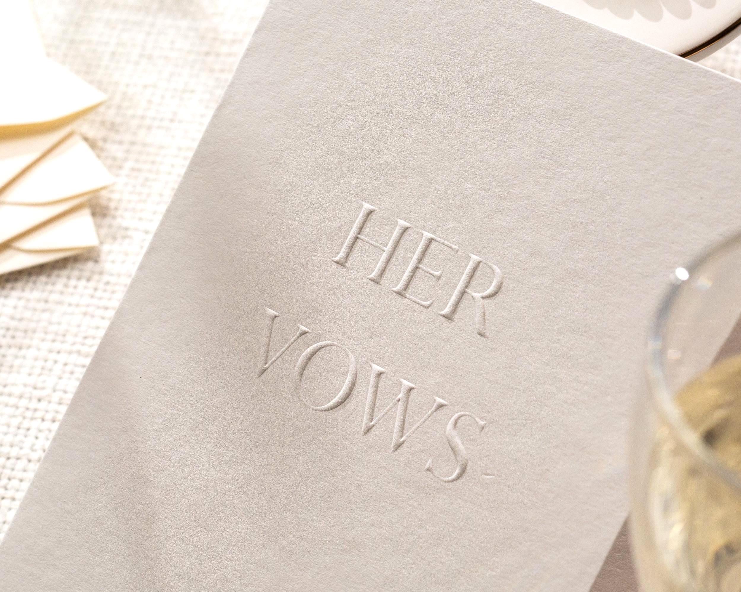 Raised Embossing His and Her Vow Cards Set of 2 w/ Envelopes - Ready To Ship Blind Embossed Wedding Vows Booklet, Minimal Ceremony Keepsake