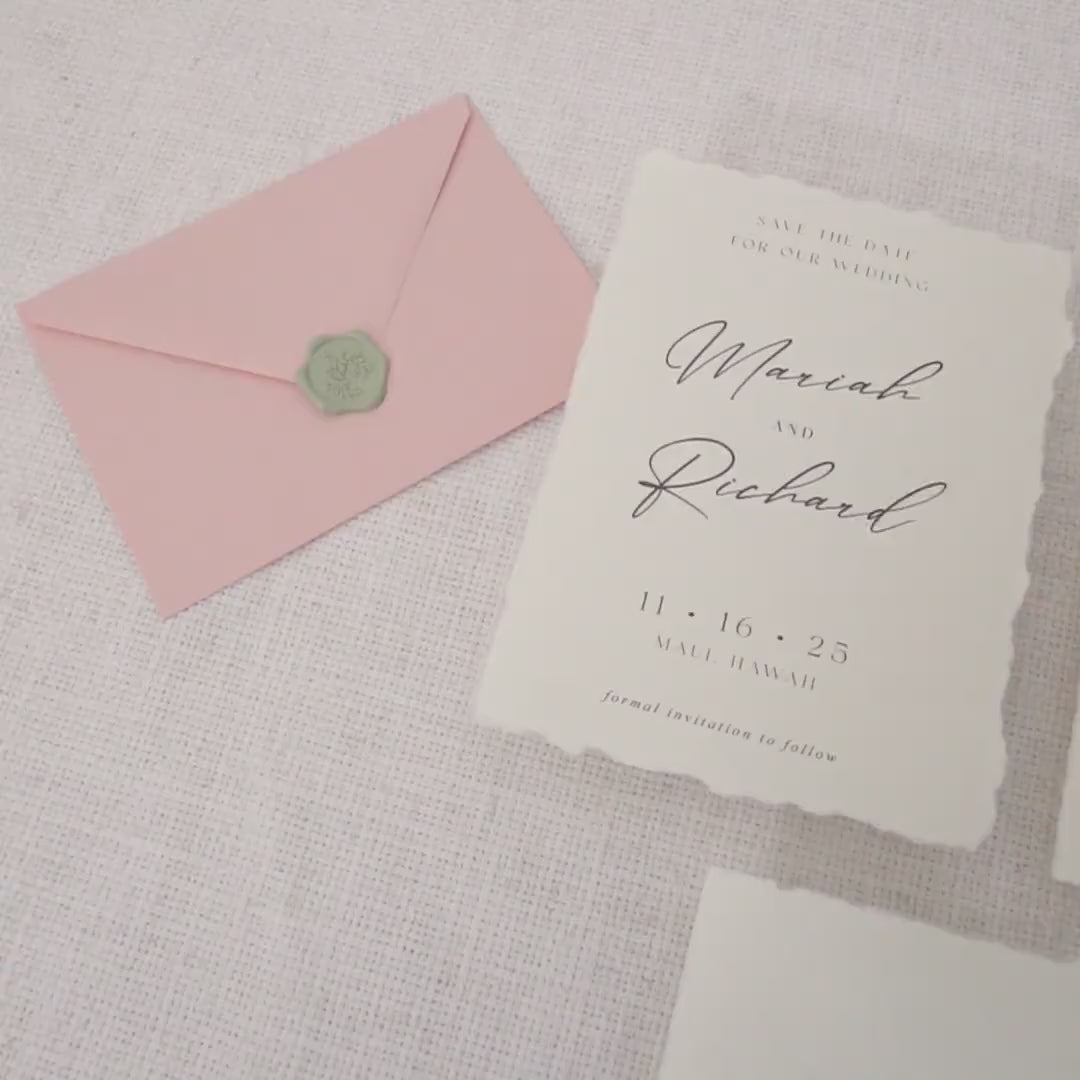 Printed Deckled Edge Save-the-Date Cards (D5) - 5x7 Custom Cards Stationary on Raw Edge Cotton Paper for Weddings, W/ Optional A7 Envelopes
