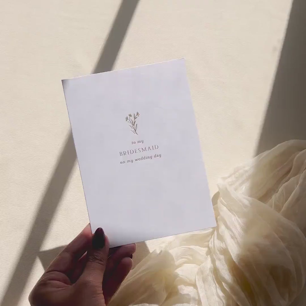 Gold Embossed To My Bridesmaid On My Wedding Day Card w/ Envelope - Ready To Ship Thank You Letter, Minimalist Bridal Party Keepsake