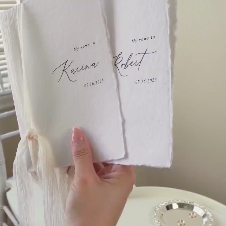 Personalized Deckled Edge Wedding Vow Booklets D4 - Set of 2, Vow Books w/ Ribbon, Vow Renewals, My Promises to, Custom Names and Date, 5x7"