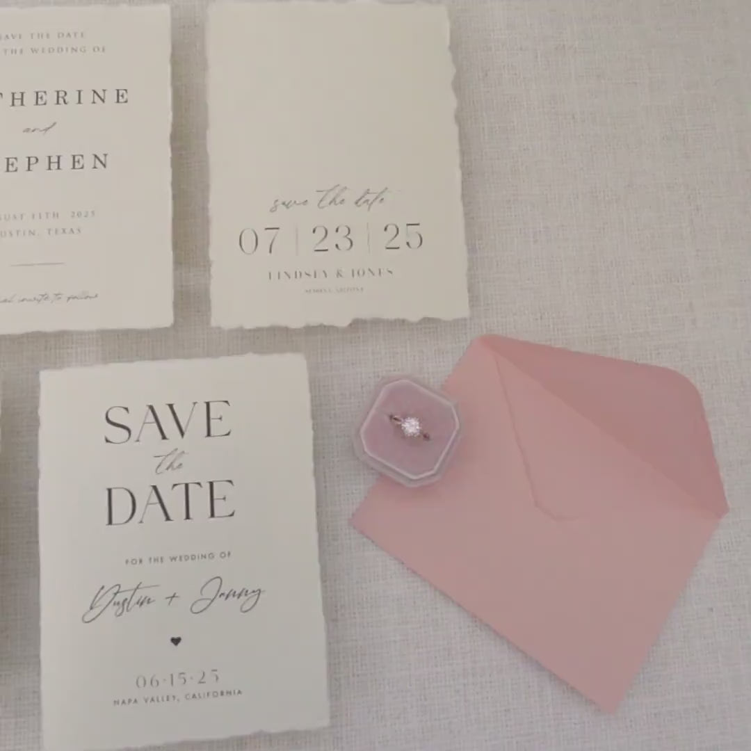 Printed Deckled Edge Save-the-Date Cards (D1) - 5x7 Custom Bulk Wedding Stationary Raw Edge on Thick Cotton Paper, Optional A7 Envelopes